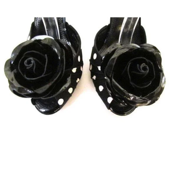 Designer Ralph Lauren Black White Polka Dot Flower Detail Ankle Strap Sandals - Picture 6 of 8